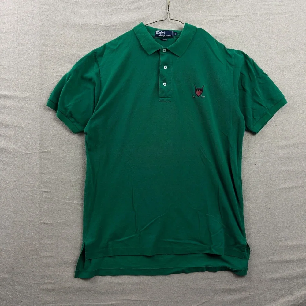 VTG Polo Ralph Lauren Polo Shirt‎ Mens Large Green Golf Crest Plaid Shield Pique